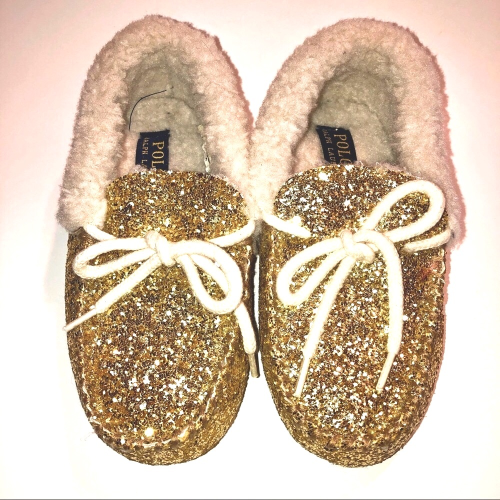 Sz 1 Polo Ralph Lauren Gold Glitter Moccasin Slippers